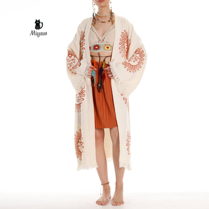 Unique Sun Stamped Robe: Eco-Friendly Organic Cotton Boho Kimono